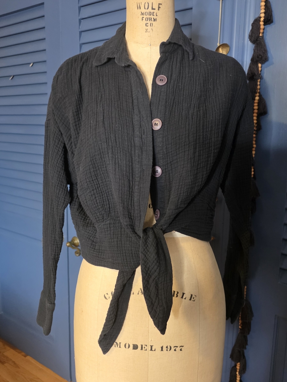 Free People Black Tie-Front Button Down Gauze Shirt